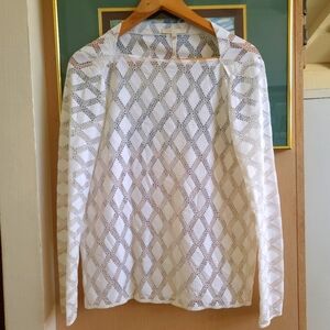 Maje White Diamond Geometric Sheer Blouse Creq Neck Dainty Sweater